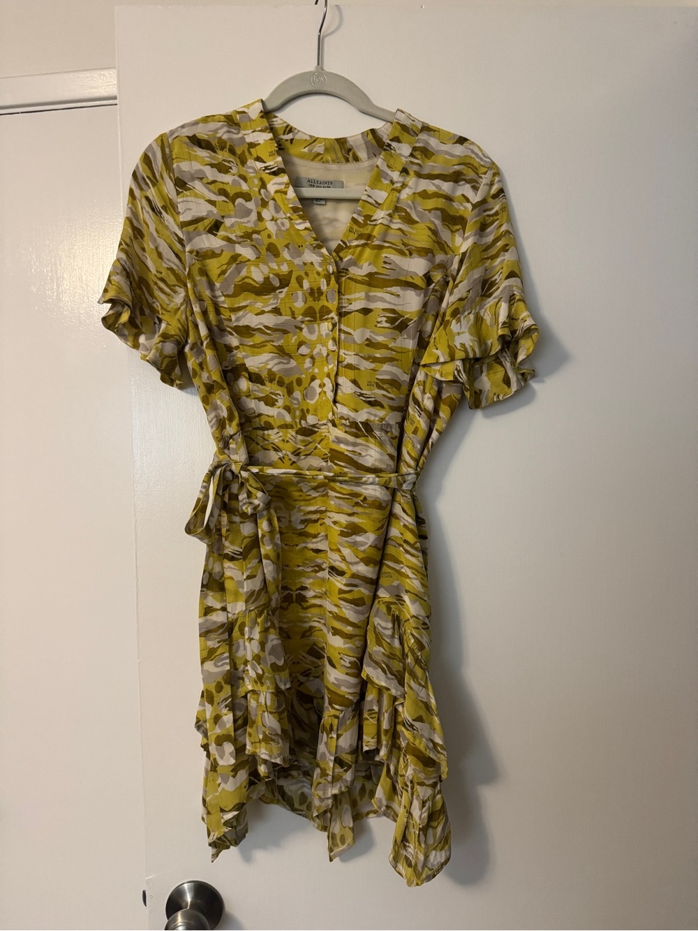 All Saints Yellow Patterned V-Neck Ruffle Mini Dress - Picture 2 of 3